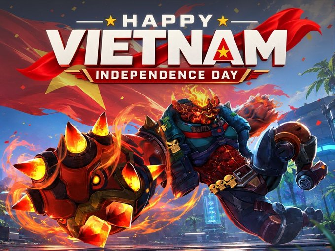 The image is a vibrant promotional graphic featuring "HAPPY VIETNAM INDEPENDENCE DAY" text alongside a fiery, armored character wielding a massive flaming gauntlet, with the Vietnamese flag billowing in the background. The artwork celebrates Vietnam's Independence Day (September 2nd) with a bold, battle-ready theme that matches the message about recharging energy for epic battles in the gaming world of Sipheria.