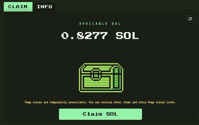 The image shows a digital wallet interface displaying an available balance of "0.8277 SOL" with a pixelated treasure chest graphic and a green "Claim SOL" button, along with a notice stating "Pump claims are temporarily unavailable." This relates to the post about reclaiming locked SOL from empty token accounts, showing the exact amount (~$85 worth) recovered after closing unused token accounts.