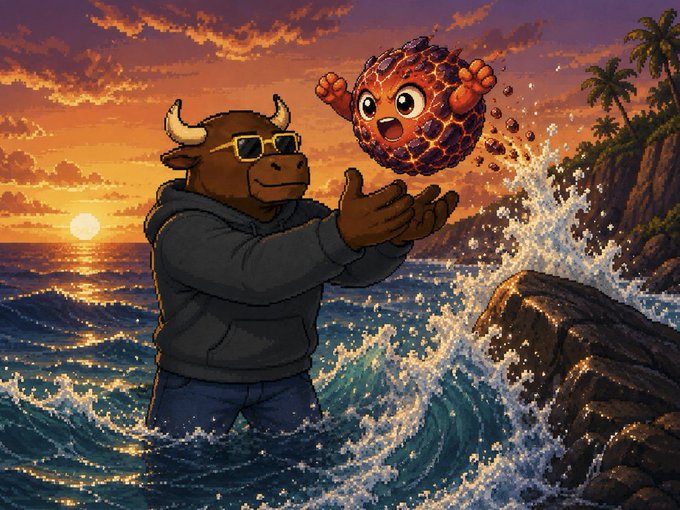 An illustrated scene of a bull wearing sunglasses and a hoodie standing in ocean waves at sunset, catching an angry lava-textured spherical character that appears to be erupting.