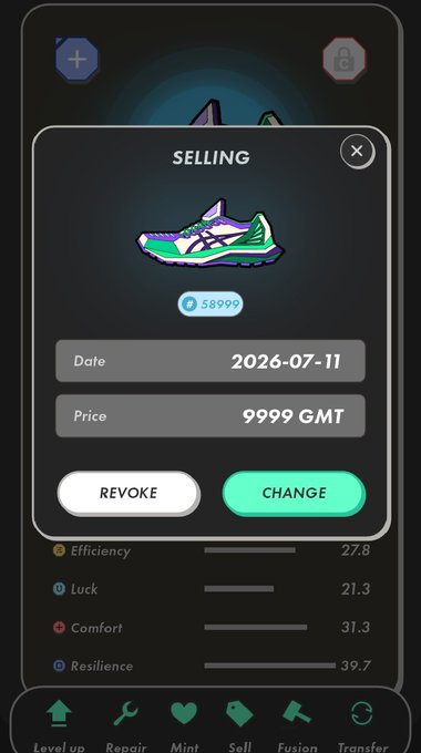 A mobile game interface shows a 'SELLING' modal for a green and purple digital sneaker with a price of 9999 GMT and a date of 2026-07-11, with options to 'REVOKE' or 'CHANGE'.