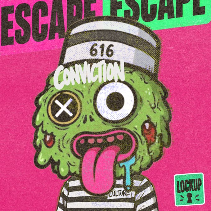 A cartoon illustration of a green zombie-like prisoner with one X-shaped eye, wearing a striped uniform and hat marked '616', with the word 'CONVICTION' across the forehead, a label reading 'CULTURE' on the chest, and 'ESCAPE' and 'LOCKUP' signs visible against a pink background.