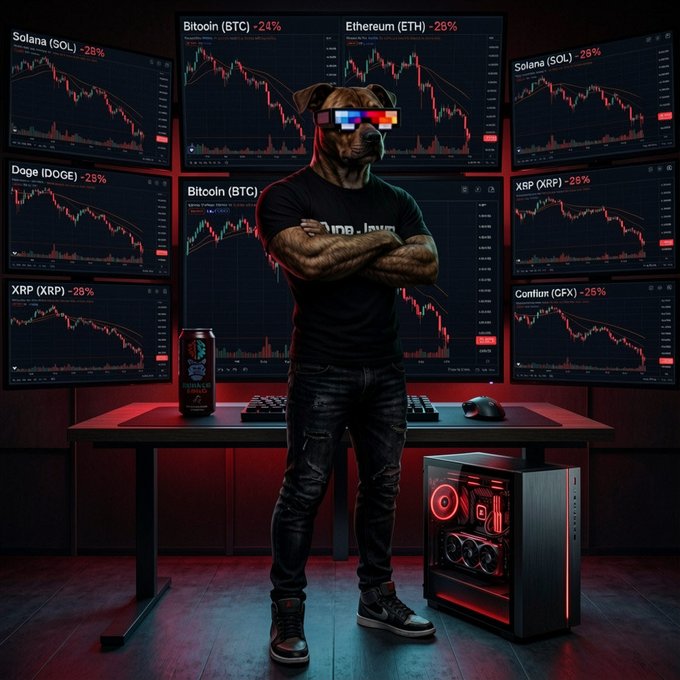 An AI-generated image of a muscular humanoid dog wearing shutter shades, standing confidently with crossed arms in front of multiple screens showing cryptocurrency price charts with significant drops (Bitcoin -24%, Ethereum -28%, Solana -28%, Doge -25%, XRP -28%, CFX -25%).
