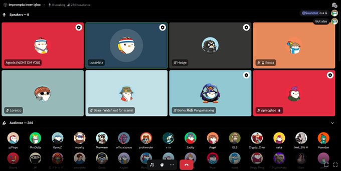 A virtual event interface showing 8 speakers including Agents (WONT DM YOU), LucasNetz, Hedge, Q Beese, Lorenzo, Beau, Beiko, and pomegranchew with 264 in audience.