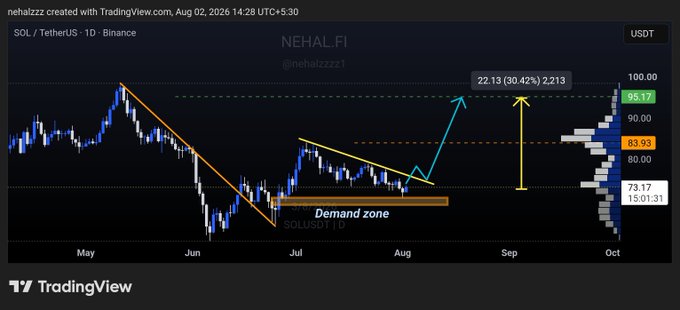 A TradingView chart of SOL/USDT on the daily timeframe shows the price holding within a highlighted "Demand zone" around $73–76 after breaking above a descending trendline, with targets marked at $83.93 and $95.17, aligning with the analyst's bullish outlook for a potential ~30% move upward.