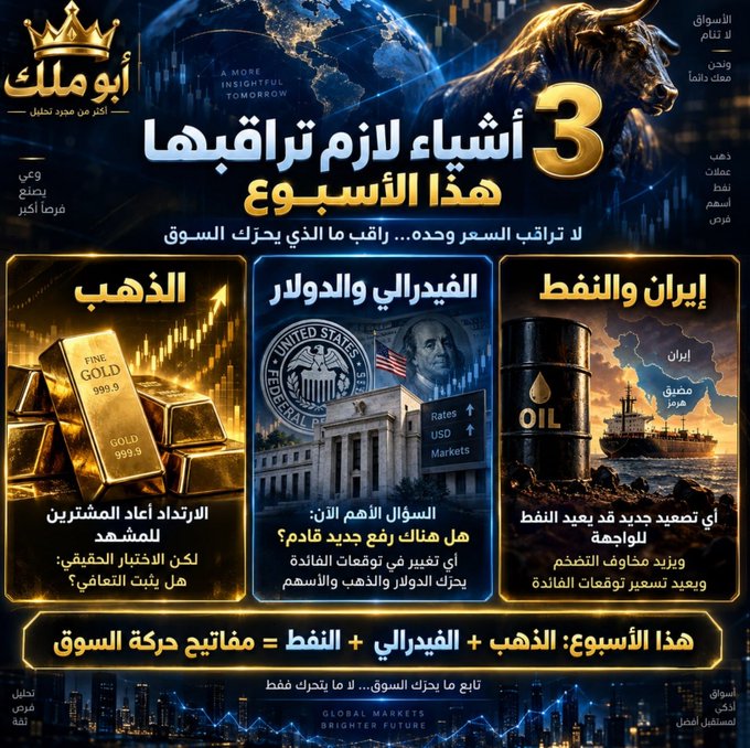 An Arabic promotional graphic titled 'GLOBAL MARKETS BRIGHTER FUTURE' discusses gold, the US Federal Reserve, and oil, featuring images of gold bars, the Federal Reserve building, and an oil barrel with maps.