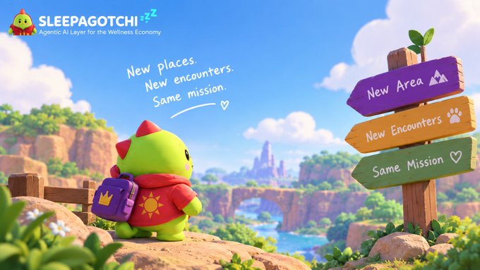 A colorful cartoon illustration for 'SLEEPAGOTCHI' featuring a green dinosaur-like character wearing a red cape and backpack, looking out at a landscape with a signpost pointing to 'New Area', 'New Encounters', and 'Same Mission'.
