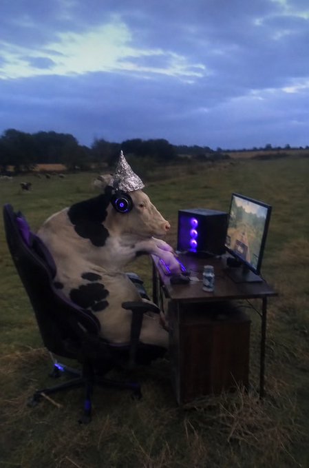 A cow wearing a tin foil hat sits in a gaming chair at a computer desk set up in an open field at dusk.