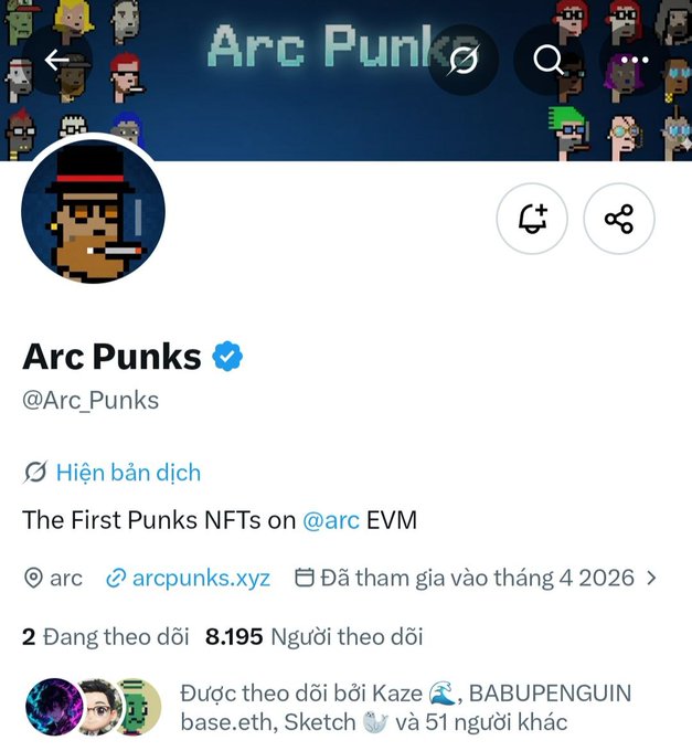 A Twitter profile page for 'Arc Punks' (@Arc_Punks), featuring a pixel art profile picture and describing itself as 'The First Punks NFTs on @arc EVM' with 8,195 followers.