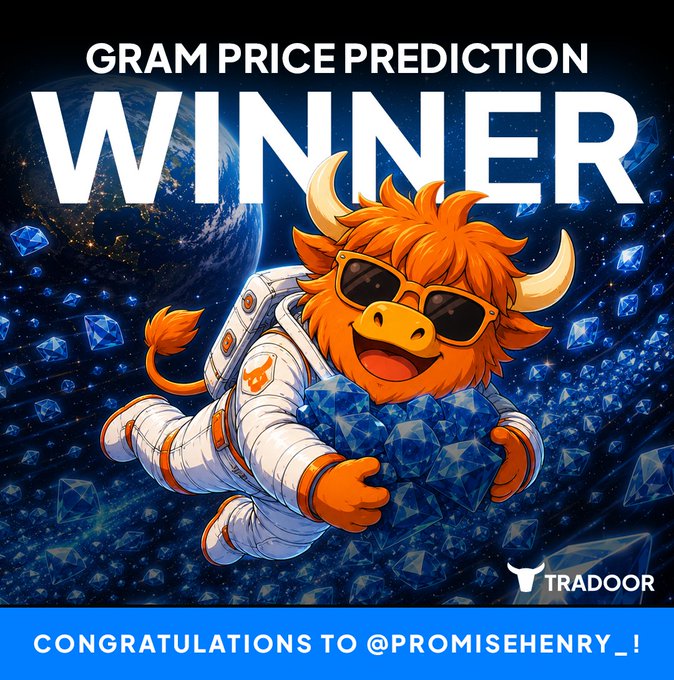The image features a cartoon bull wearing an astronaut suit holding up diamonds above its head. The text within the image announces that the winner of the "GRAM Price Prediction" challenge has been determined, congratulating them on their victory. The post includes a message welcoming followers and asking them to join or share their own guesses for future price trends using the hashtag "#GRAMPricePrediction Winner".