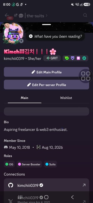 A Discord profile page for user 'Kimchiii김치' (kimchiii0319) with the bio 'Aspiring freelancer & web3 enthusiast,' showing membership since May 10, 2018, and roles including OG, Server Booster, and Suits.