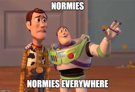 A meme featuring Toy Story characters Woody and Buzz Lightyear with the caption 'NORMIES' at the top and 'NORMIES EVERYWHERE' at the bottom.