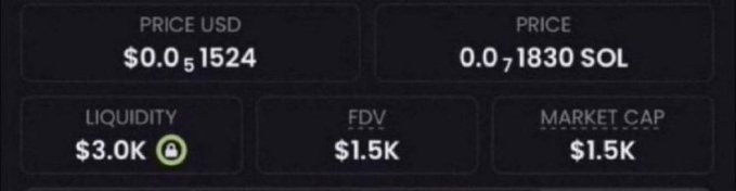A screenshot showing cryptocurrency token metrics: Price USD $0.0₅1524, Price 0.0₇1830 SOL, Liquidity $3.0K, FDV $1.5K, and Market Cap $1.5K.