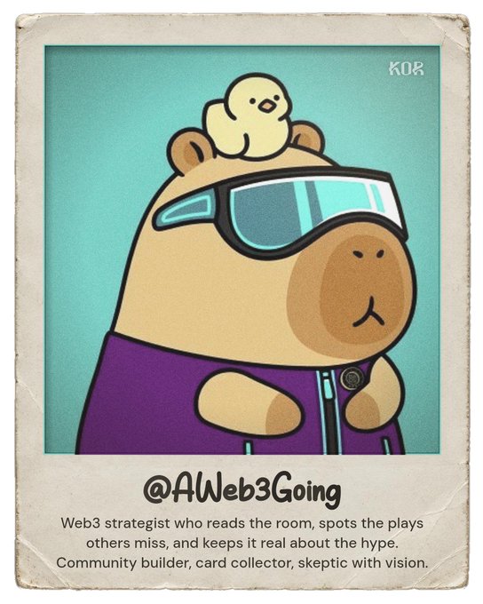 A Polaroid-style card features a cartoon bear wearing blue visors and a purple jacket, with a small yellow chick perched on its head, labeled "@AWeb3Going" and described as a "Web3 strategist who reads the room...skeptic with vision." The card is branded with the "KOR" logo in the top right corner, tying it to the KorProtocol mentioned in the post, which promotes generating nearly free tokens using a small amount of base ETH via the linked ID page.