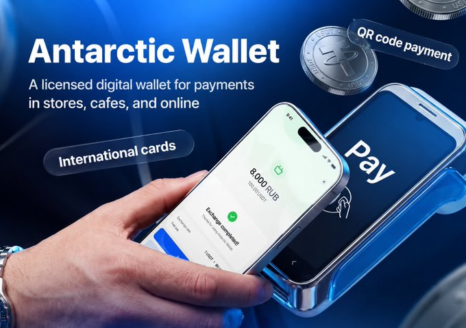 An advertisement for 'Antarctic Wallet,' a licensed digital wallet for in-store, cafe, and online payments, featuring a smartphone displaying an 8,000 RUB transaction against a blue background with floating digital coins.