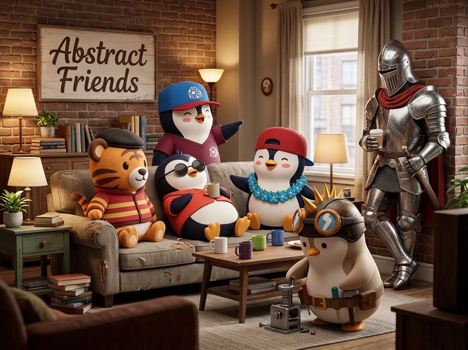 The image features a group of cartoon penguins sitting around a coffee table, with some of them holding cups or mugs. There are five penguins in total, each wearing different colored clothing and accessories. The room has a couch against one wall and a chair near another wall. A sign reading "Abstract Friends" is visible on the wall above the group of penguins.