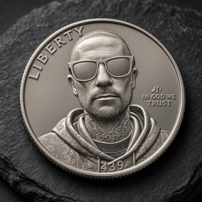 A commemorative silver coin resting on a dark slate surface features a portrait of a bald, bearded man wearing sunglasses and a hoodie, with the inscriptions "LIBERTY," "IN GOD WE TRUST," and "439." The "unKOINfined" post suggests this is a crypto-themed collectible, blending pop culture and digital currency into a physical numismatic keepsake.