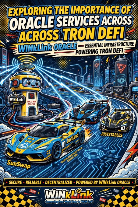 A vibrant promotional poster titled 'EXPLORING THE IMPORTANCE OF ORACLE SERVICES ACROSS TRON DEFI' highlighting 'WinLink ORACLE' as essential infrastructure for 'SunSwap' and 'JustLend'.