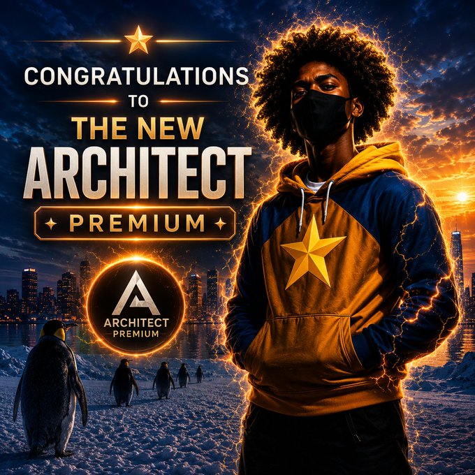 A promotional image congratulating 'THE NEW ARCHITECT PREMIUM' with a person in a star-emblazoned hoodie and mask, penguins, and a cityscape background.