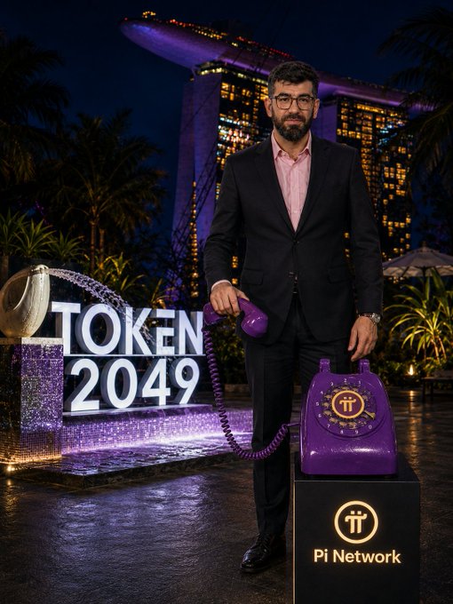 A man in a dark suit stands beside a large purple vintage-style rotary telephone labeled "Pi Network," holding its receiver, with an illuminated "TOKEN 2049" sign and Singapore's Marina Bay Sands lit up in the background—visually embodying the post's "Pi is calling" message at the TOKEN2049 Singapore conference.