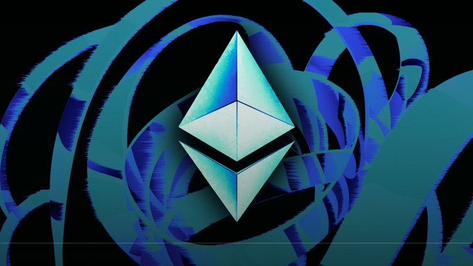 A digital graphic featuring the Ethereum logo—a three-dimensional octahedron—centered against a black background with swirling, abstract blue and teal lines.