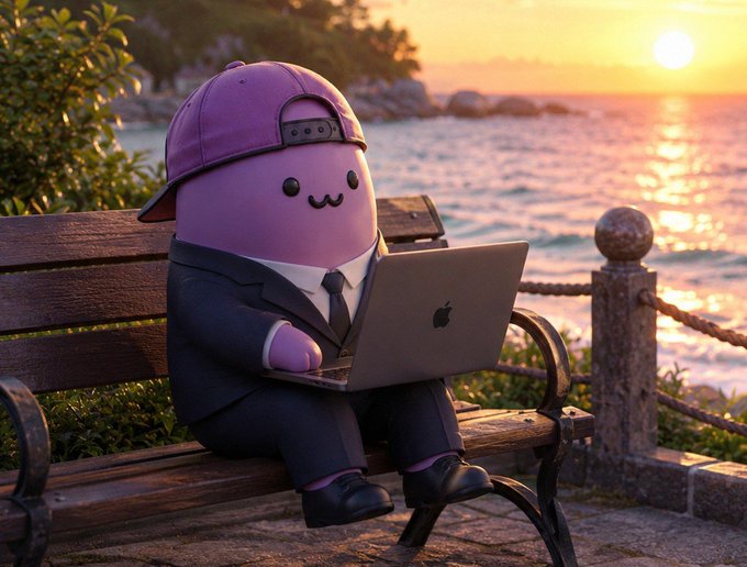 A 3D-rendered purple character wearing a backwards cap and suit sits on a bench using an Apple laptop at sunset by the ocean.