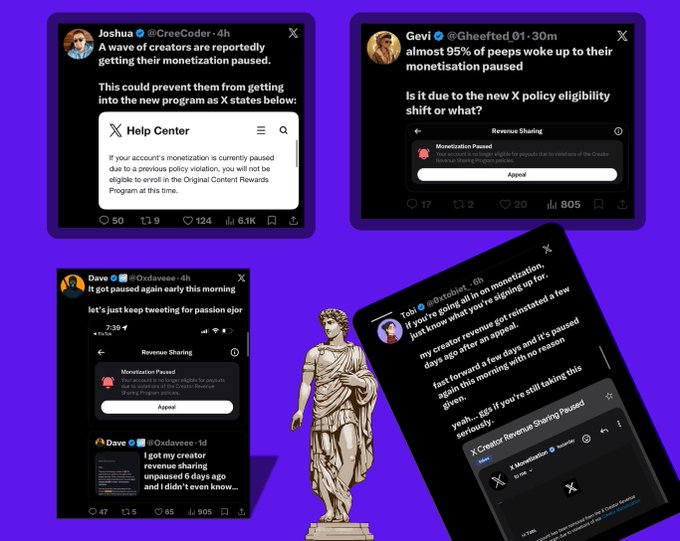 A purple-themed collage featuring multiple X (Twitter) posts about creators getting their monetization paused due to X policy violations, with a classical statue figurine placed in the center.