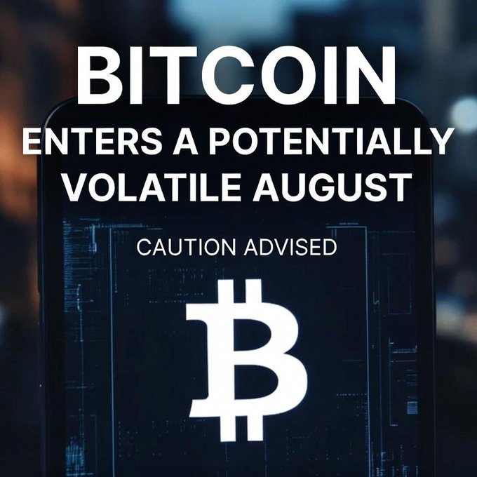 A graphic featuring the Bitcoin logo with the text "BITCOIN ENTERS A POTENTIALLY VOLATILE AUGUST" and "CAUTION ADVISED" against a dark, blurred background.