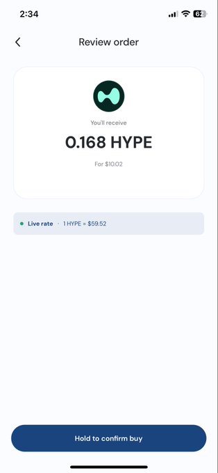 A mobile phone screenshot of a cryptocurrency review order screen, showing the user will receive '0.168 HYPE' for '$10.02', with a live rate of '1 HYPE = $59.52' and a 'Hold to confirm buy' button.