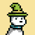 The image features a white cartoon character with a green hat standing against a yellow background. The character appears to be wearing a scarf around its neck. There are no other objects or text present in the image, making it a simple and straightforward scene.