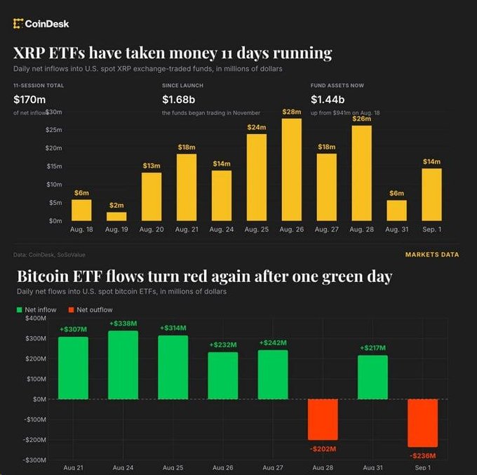 The image contains two CoinDesk charts: the top shows spot XRP ETF daily net inflows totaling $170m over 11 consecutive sessions (peaking at $28m on Aug. 26, with $14m on Sep. 1) and $1.68b since launch in November, while the bottom shows spot Bitcoin ETF flows turning red at -$202m on Aug. 28 and -$236m on Sep. 1 after a brief positive day. This directly illustrates the post's point that XRP ETFs have sustained inflows ($170m over 11 days) even as Bitcoin ETFs saw outflows ($-438m combined on Aug. 28 and Sep. 1).