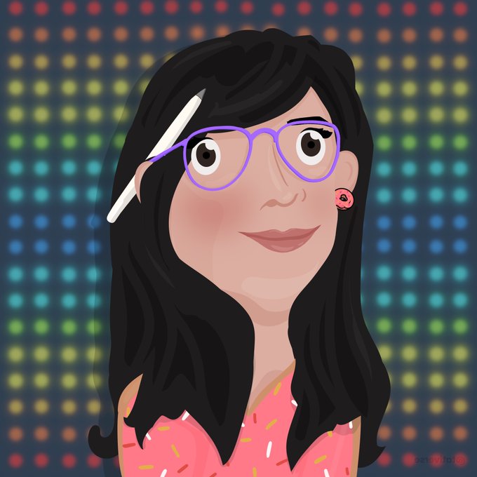 A digital illustration of a woman with long black hair, purple-framed glasses, and a white hair clip, set against a background of colorful dots.