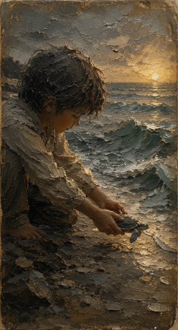 A classical oil painting depicts a young boy crouching on a shoreline at sunset, gently holding a small sea turtle near the ocean waves.