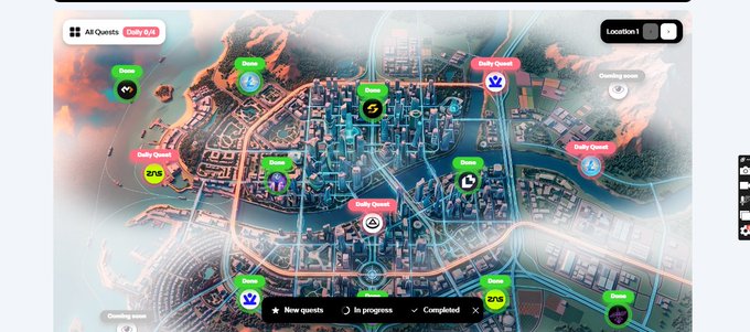 A digital map interface titled 'AR Quests' (Daily 0/6) showing various quests scattered across a cityscape, with markers labeled 'Demo' and 'Daily Quest' and a legend indicating new, in progress, and completed quests.