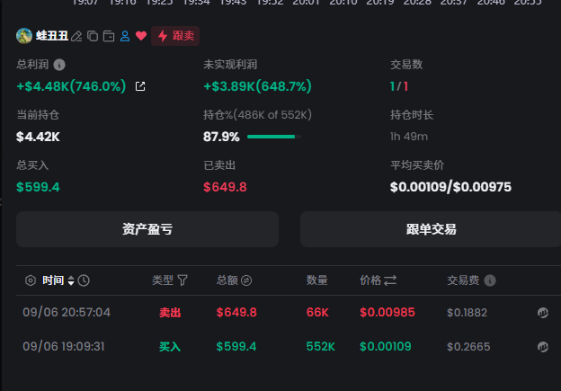 A trading dashboard displays a successful memecoin trade on wallet "蛙丑丑" (marked as "跟卖"), showing a total profit of +$4.48K (746.0%) from buying 552K tokens at $0.00109 and selling them for $649.8 at $0.00985, realizing +$3.89K (648.7%) in unrealized profit — illustrating the post's point about profiting from a newly listed BSC token pump rather than chasing established leaders.