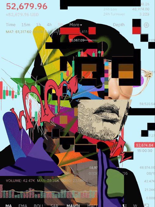 A collage of images featuring a man with glasses, a red hand holding up his fingers, and a chart against a white background. The post is captioned "STRAIGT GANGSTER! R3ORDR #448 Just SOLD for 0.199ETH on secondary". The caption gives context to the artwork's theme and its connection to the post.