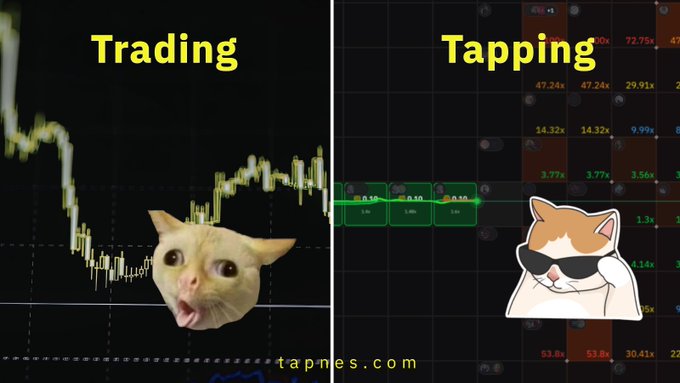 A meme comparing 'Trading' and 'Tapping', showing a crying cat face superimposed on a trading chart on the left, and a cool cat with sunglasses tapping buttons on a grid on the right.