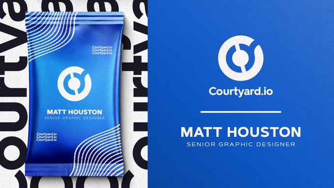 A business card mockup for Matt Houston, Senior Graphic Designer at Courtyard.io, featuring a blue design with white line patterns and the company logo.