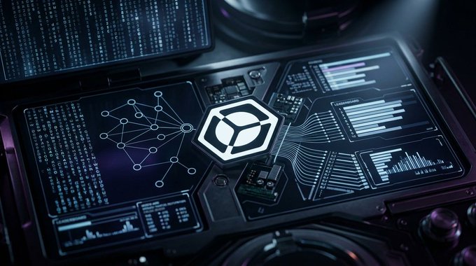 A futuristic digital console with screens displaying code, network diagrams, and data visualizations features a glowing white cube icon at its center.