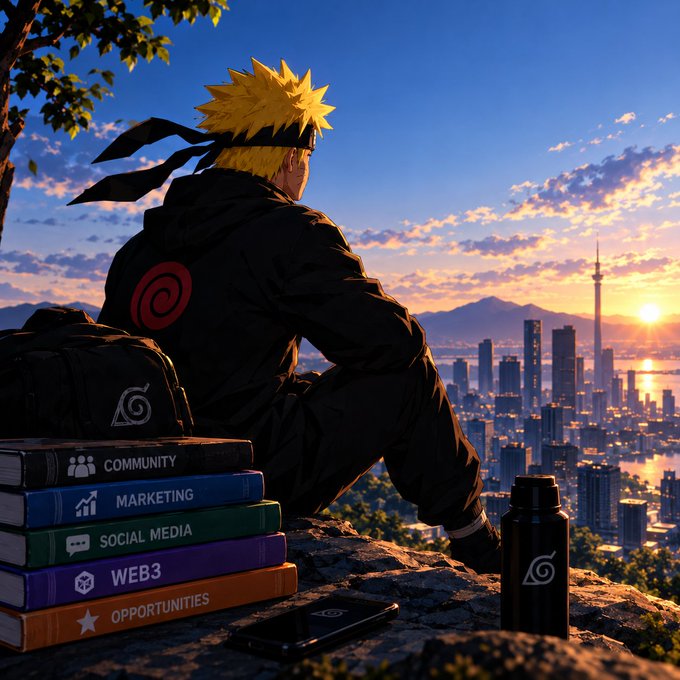 An anime-style character with spiky blonde hair and a black headband sits overlooking a city skyline at sunset, with a stack of books labeled 'COMMUNITY', 'MARKETING', 'SOCIAL MEDIA', 'WEB3', and 'OPPORTUNITIES' beside him.