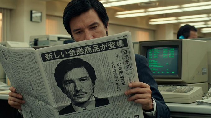 A man in a vintage office setting reads a Japanese newspaper featuring a headline about a new financial product (新しい金融商品が登場) with a portrait of a mustachioed man.