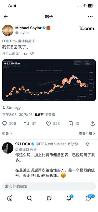 A X.com post by Michael Saylor (@saylor) in Chinese saying '我们回来了' (We're back), featuring a chart showing $65.72 billion in holdings, with a reply from user '971 DCA' discussing Bitcoin reserves.