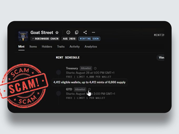 A screenshot of an NFT minting page for "Goat Street" with a large red "SCAM" stamp overlaid, showing mint schedule details starting August 28.