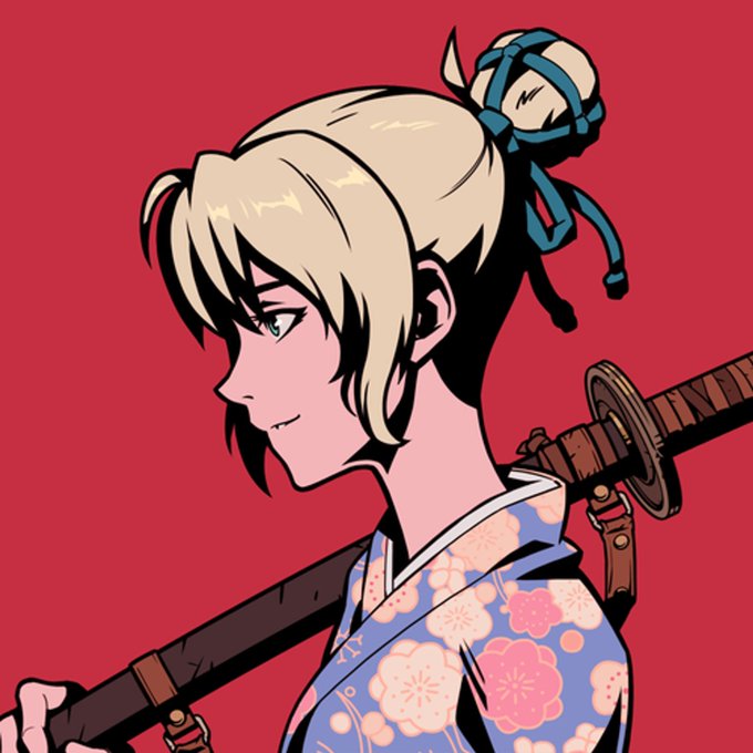 An anime-style illustration shows a blonde character in profile wearing a blue and pink floral kimono, with a sword strapped across their back and a blue ribbon in their hair, set against a solid red background.