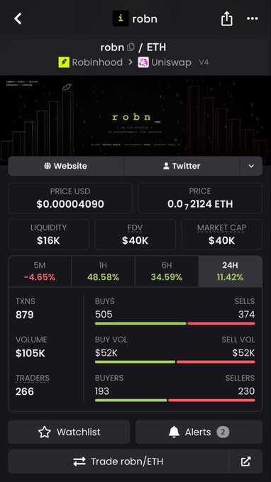 This image shows the "robn" token on Uniswap V4 with a current price of $0.00004090 USD and a market cap of $40K. The accompanying post highlights that while the original "Robn" was trading in the 40k range, a new token "$r0b" reached a 2 million market cap quickly.