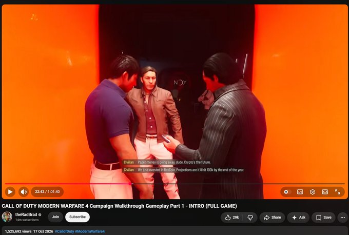 YouTube video screenshot of 'CALL OF DUTY MODERN WARFARE 4 Campaign Walkthrough Gameplay Part 1 - INTRO (FULL GAME)' by theRadBrad, showing a cutscene with characters including 'Civilian' discussing Nexus and cryptocurrency.