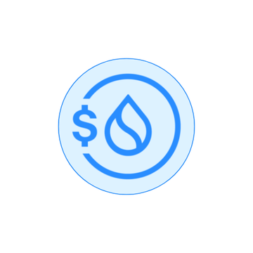 A blue circular logo featuring a dollar sign ($) and a water droplet design.