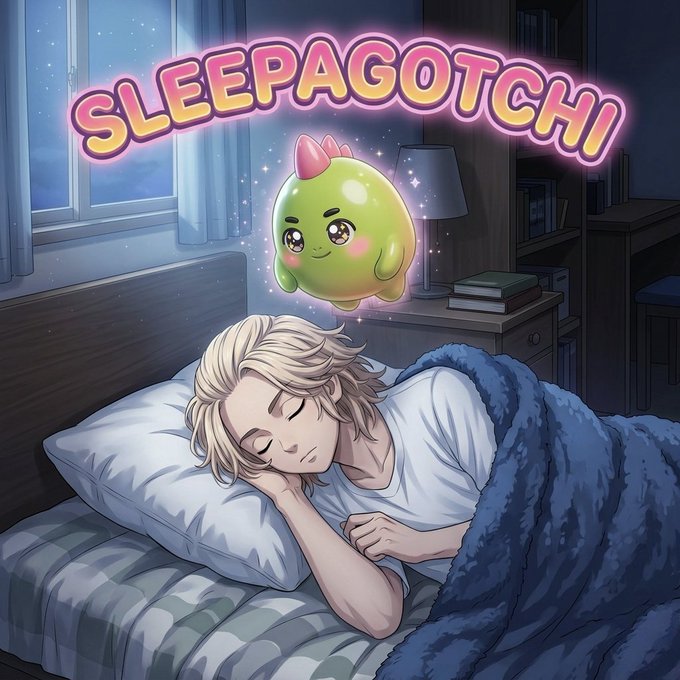 Anime-style illustration titled 'SLEEPAGOTCHI' shows a sleeping person with a cute green blob-like creature floating above them in a starry bedroom.