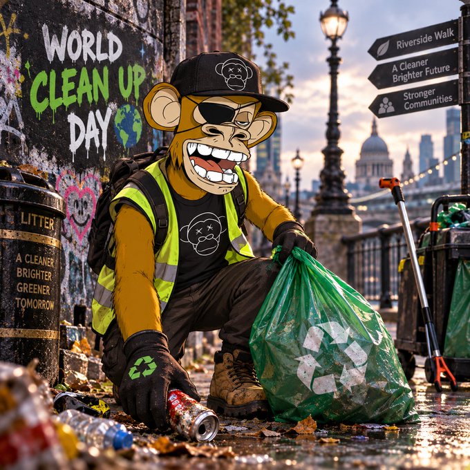 A stylized AI-generated illustration of a monkey character in a high-visibility vest picking up trash for 'World Clean Up Day' on a London street, with signs reading 'Riverside Walk' and 'A Cleaner Brighter Future'.