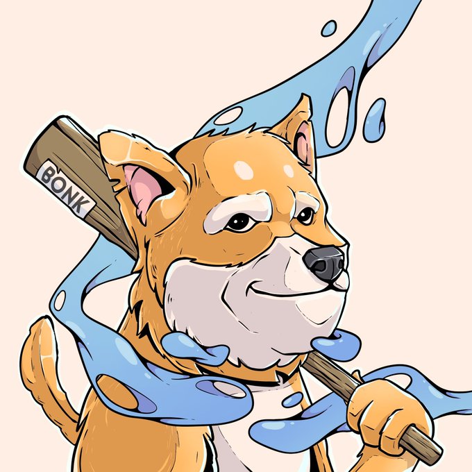 A digital illustration of a Shiba Inu dog holding a wooden bat labeled 'BONK' with blue liquid splashing around it.