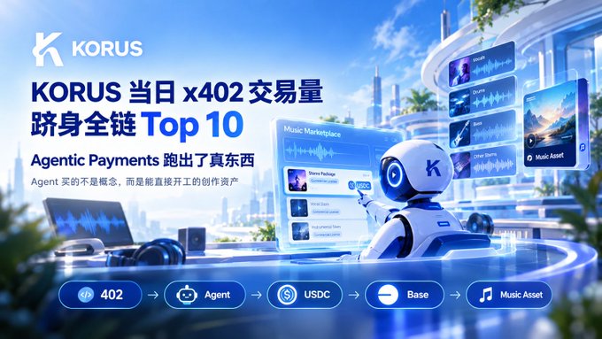 A KORUS promotional graphic features a robot character alongside text highlighting 'KORUS 当日 x402 交易量 跻身全链 Top 10' and 'Agentic Payments 跑出了真东西', with a bottom banner showing the transaction flow: 402 → Agent → USDC → Base → Music Asset.